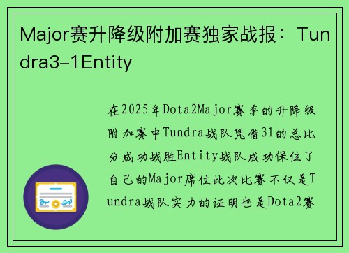 Major赛升降级附加赛独家战报：Tundra3-1Entity