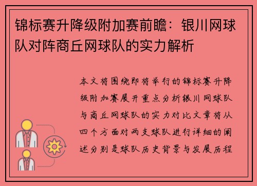 锦标赛升降级附加赛前瞻：银川网球队对阵商丘网球队的实力解析